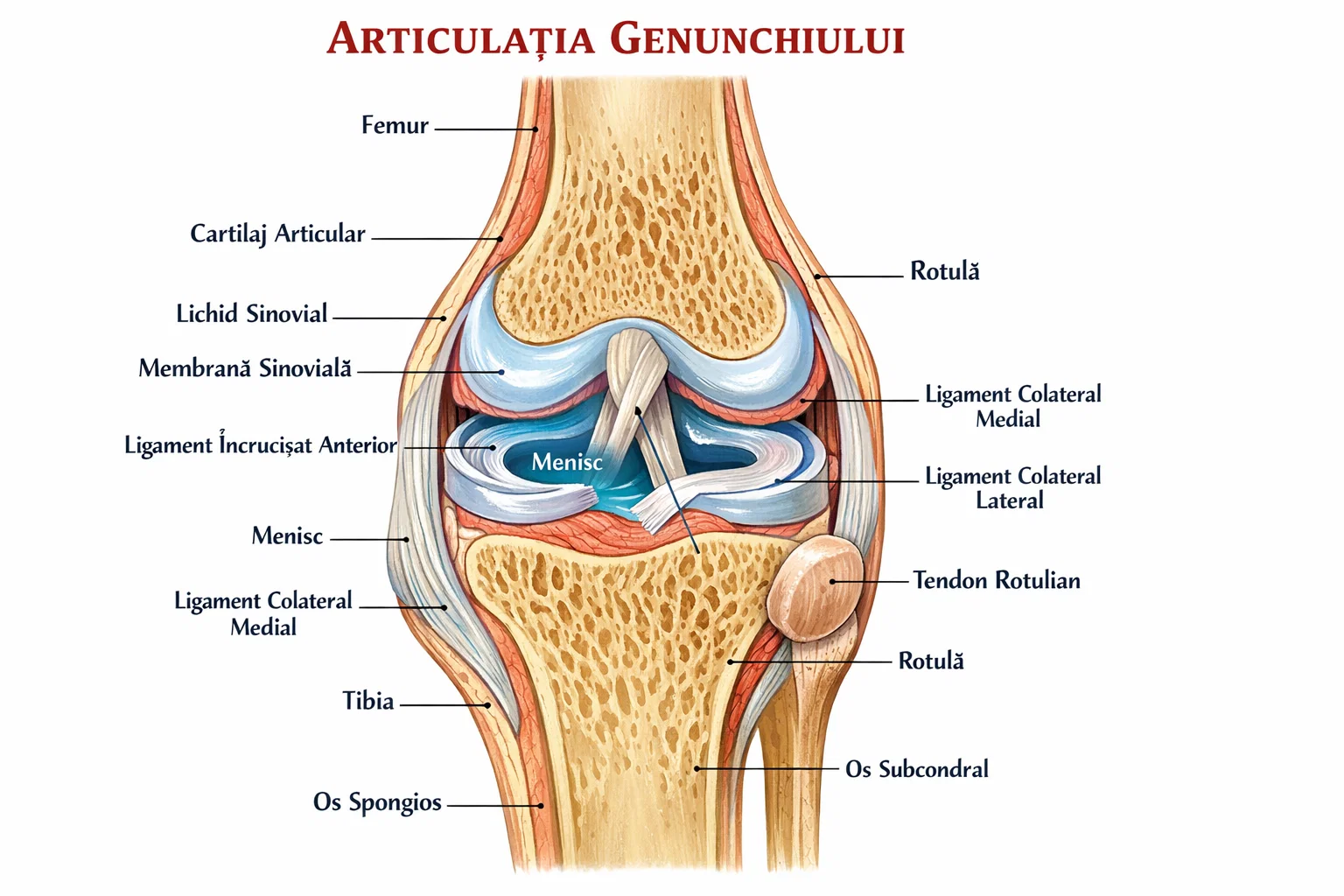 Detailed anatomical cross-section diagram of a healthy human knee joint showing cartilage, synovial fluid, ligaments, and bone structure in medical illustration style