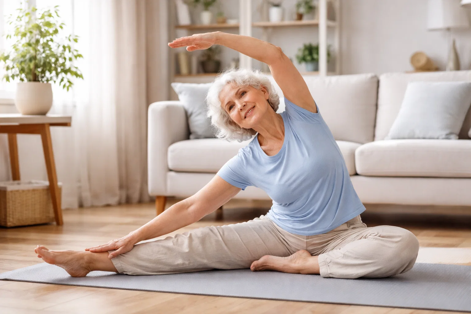 Senior woman performing gentle yoga stretching exercises on a mat in a bright modern living room, focusing on joint flexibility and mobility